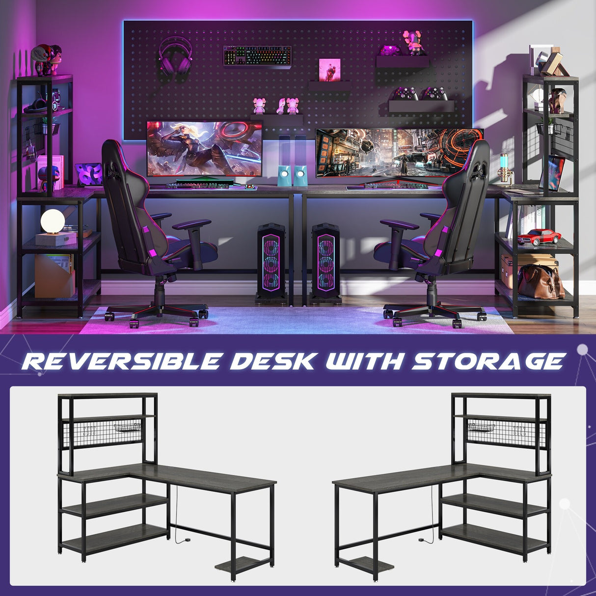 L-Shaped Computer Desk Reversible Corner Desk with Wireless Charging 9 Storage Shelves and Bookshelf for Home Office