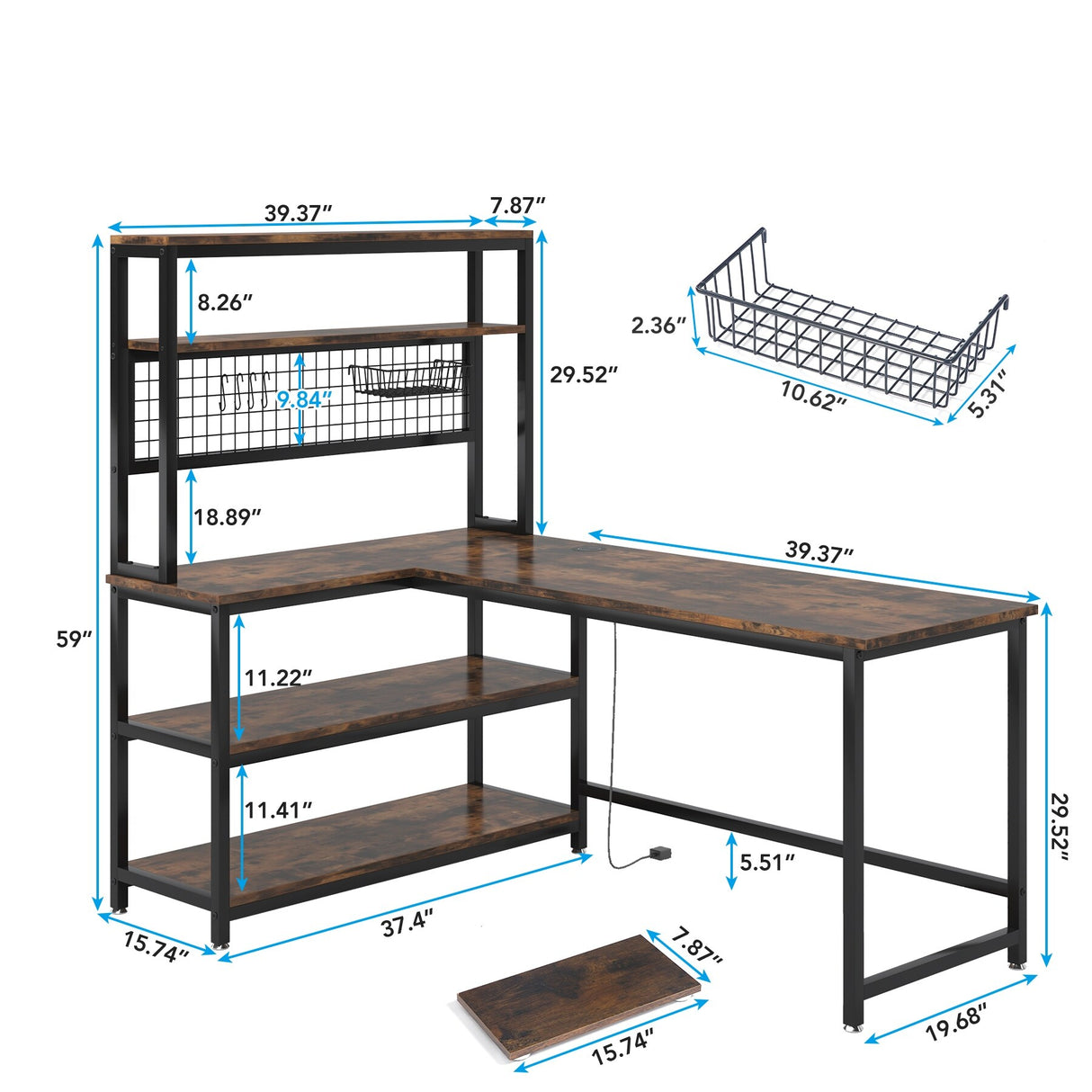 L-Shaped Computer Desk Reversible Corner Desk with Wireless Charging 9 Storage Shelves and Bookshelf for Home Office