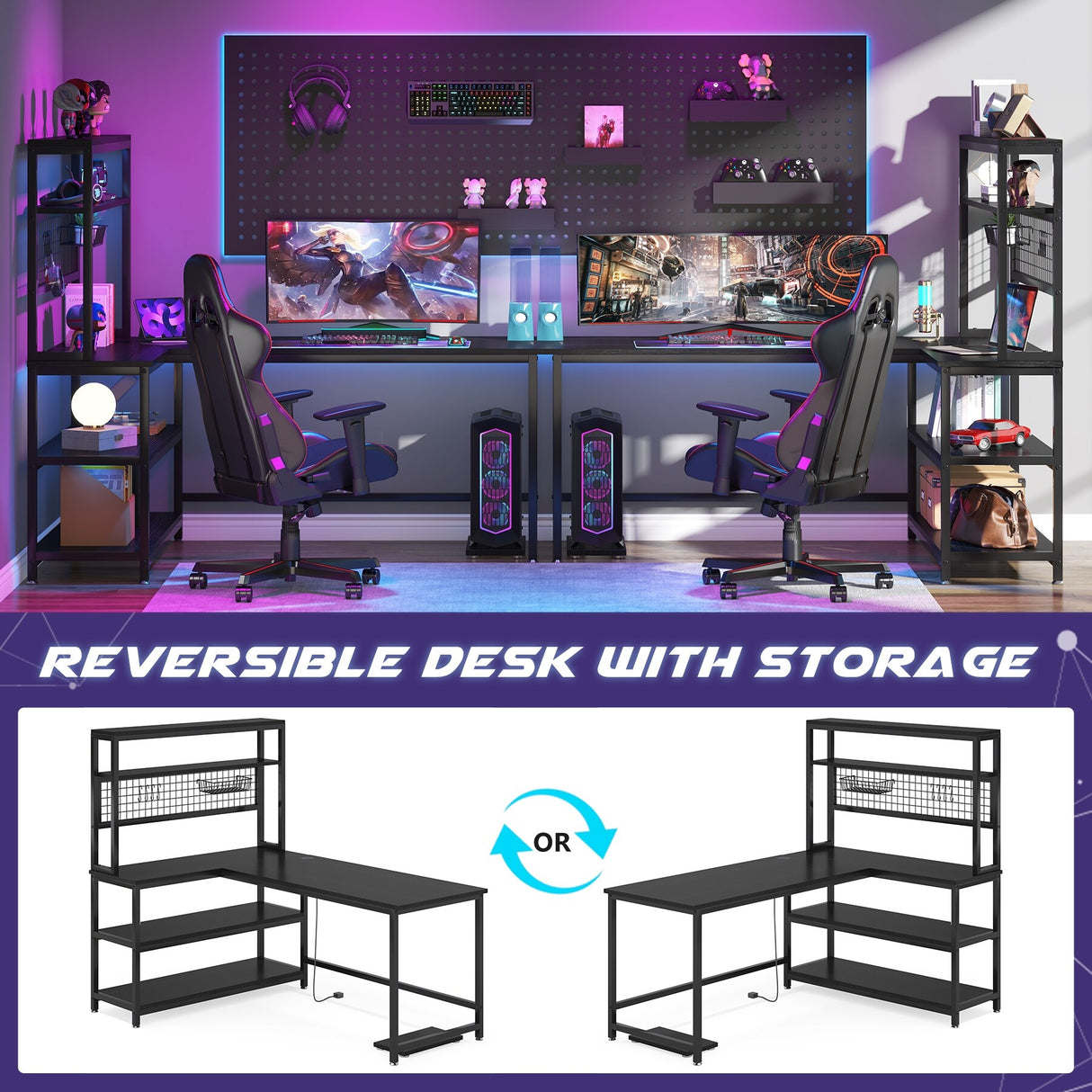 L-Shaped Computer Desk Reversible Corner Desk with Wireless Charging 9 Storage Shelves and Bookshelf for Home Office