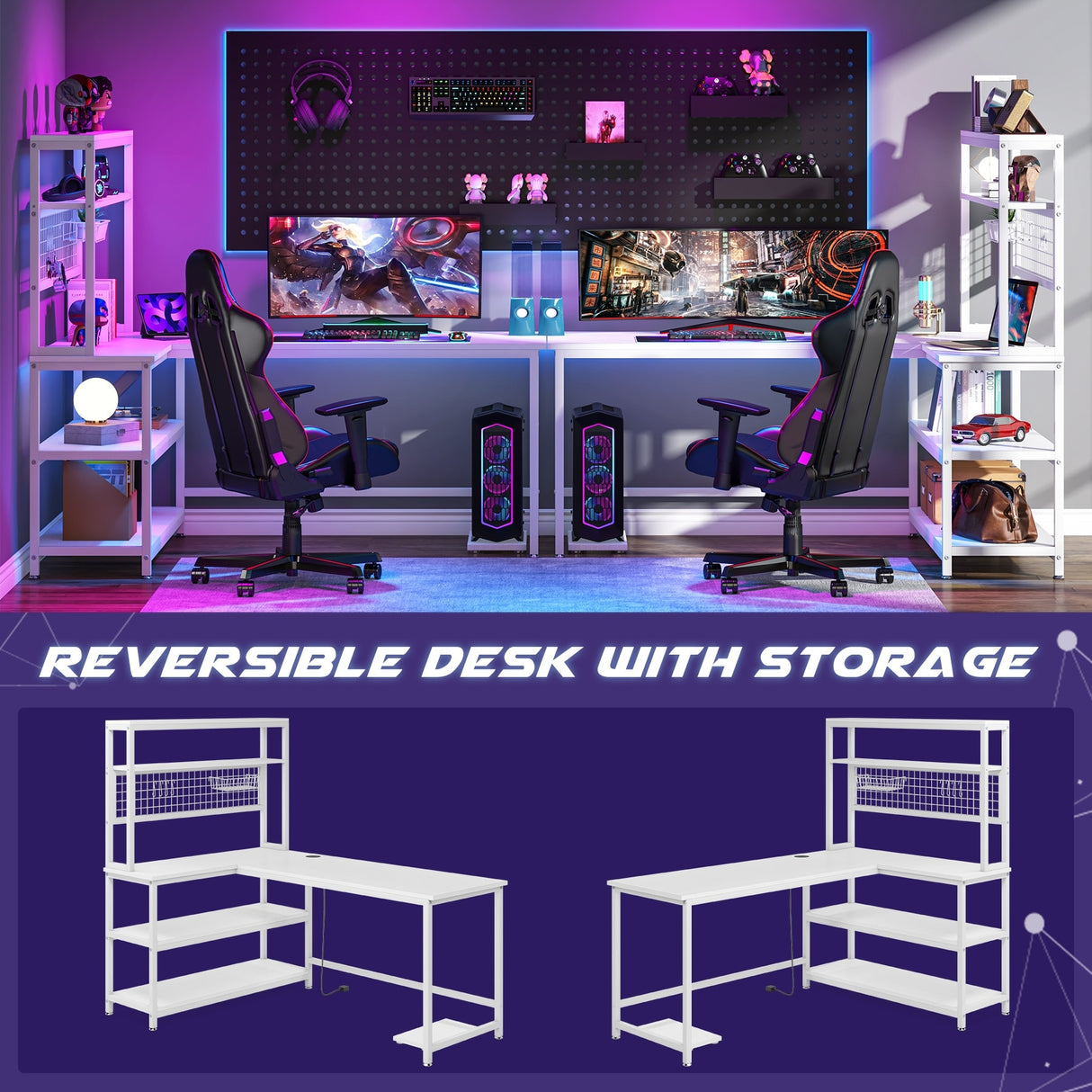 L-Shaped Computer Desk Reversible Corner Desk with Wireless Charging 9 Storage Shelves and Bookshelf for Home Office