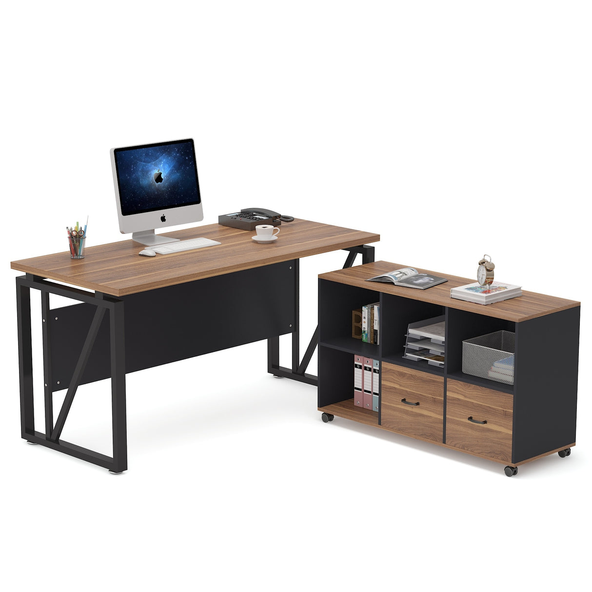 L-Shaped Computer Desk, 55 inches Executive Desk with lateral File Cabinet