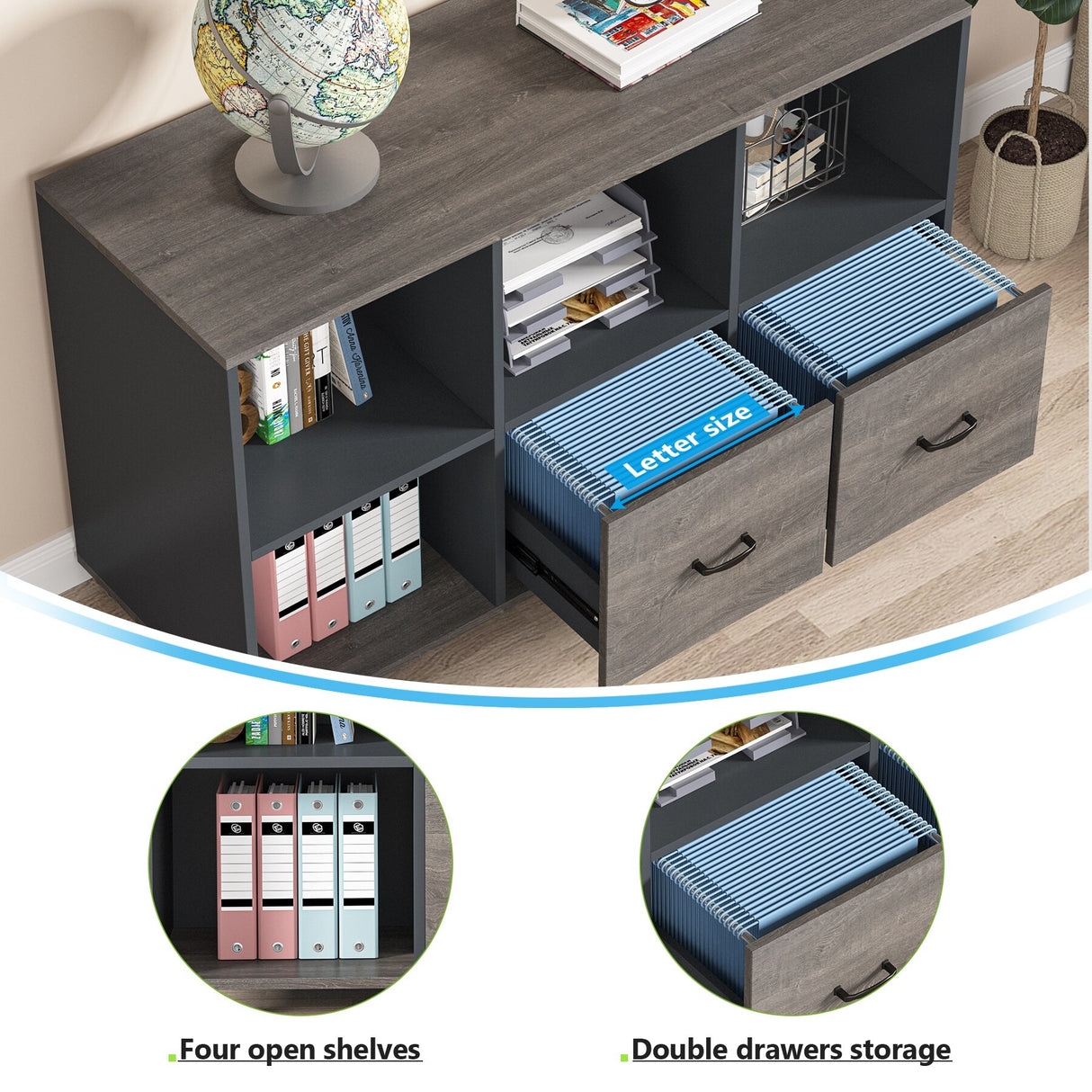 L-Shaped Computer Desk, 55 inches Executive Desk with lateral File Cabinet