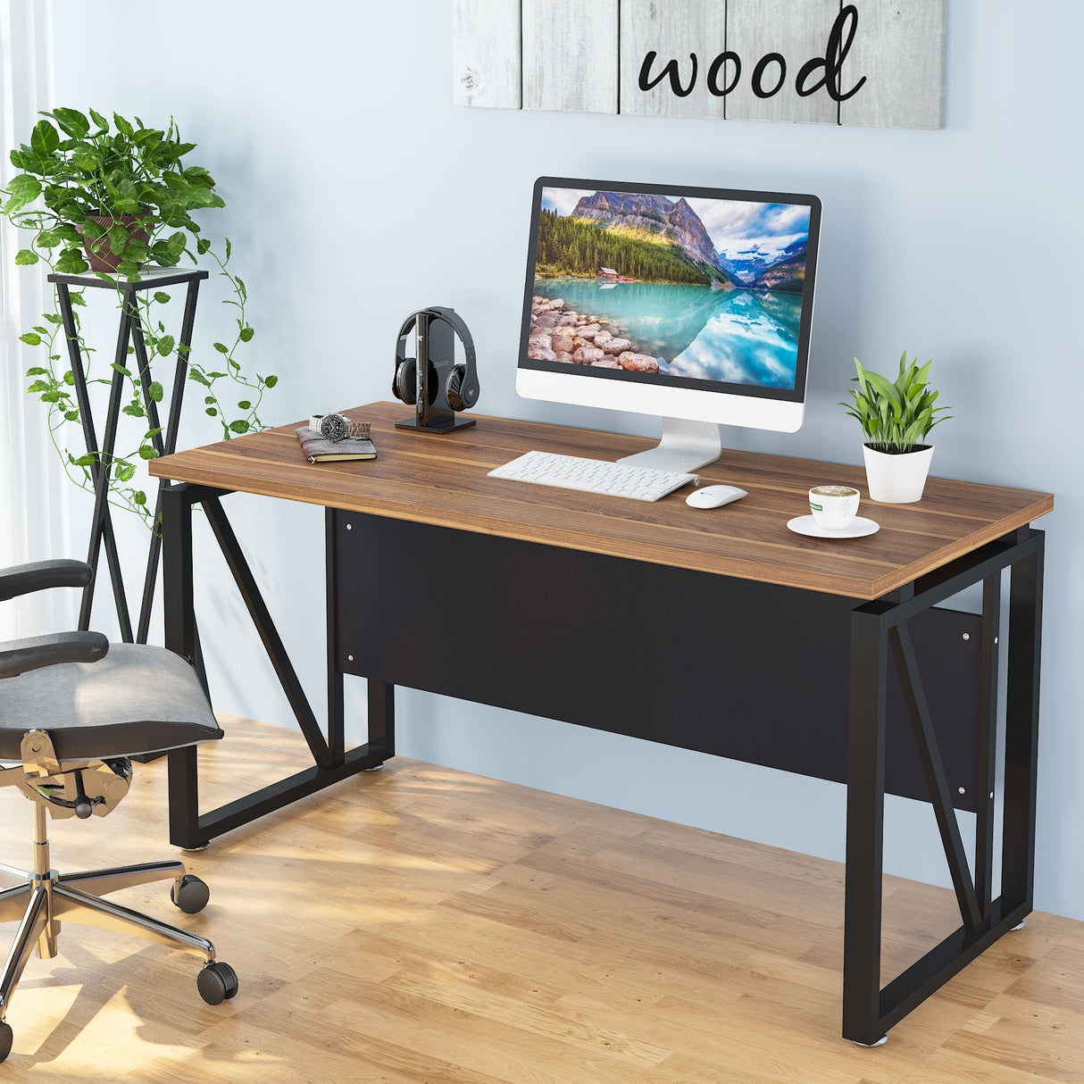L-Shaped Computer Desk, 55 inches Executive Desk with lateral File Cabinet