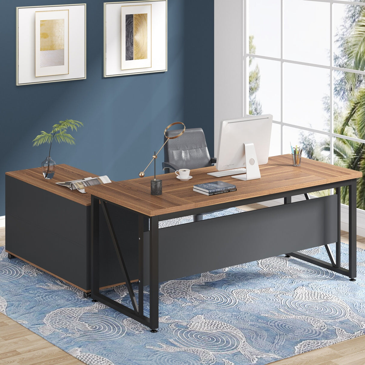 L-Shaped Computer Desk, 55 inches Executive Desk with lateral File Cabinet