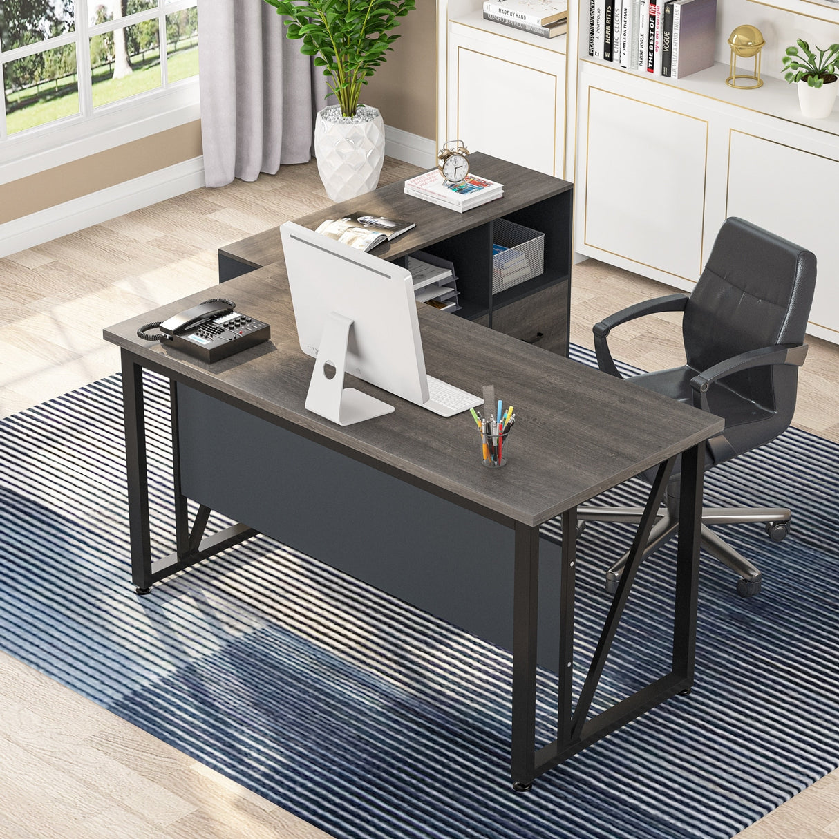 L-Shaped Computer Desk, 55 inches Executive Desk with lateral File Cabinet