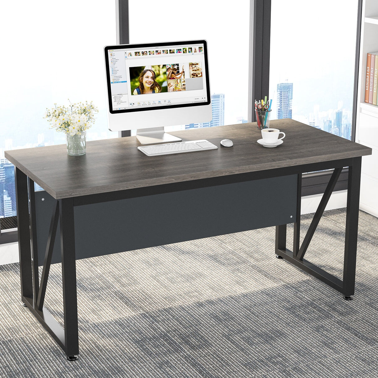 L-Shaped Computer Desk, 55 inches Executive Desk with lateral File Cabinet