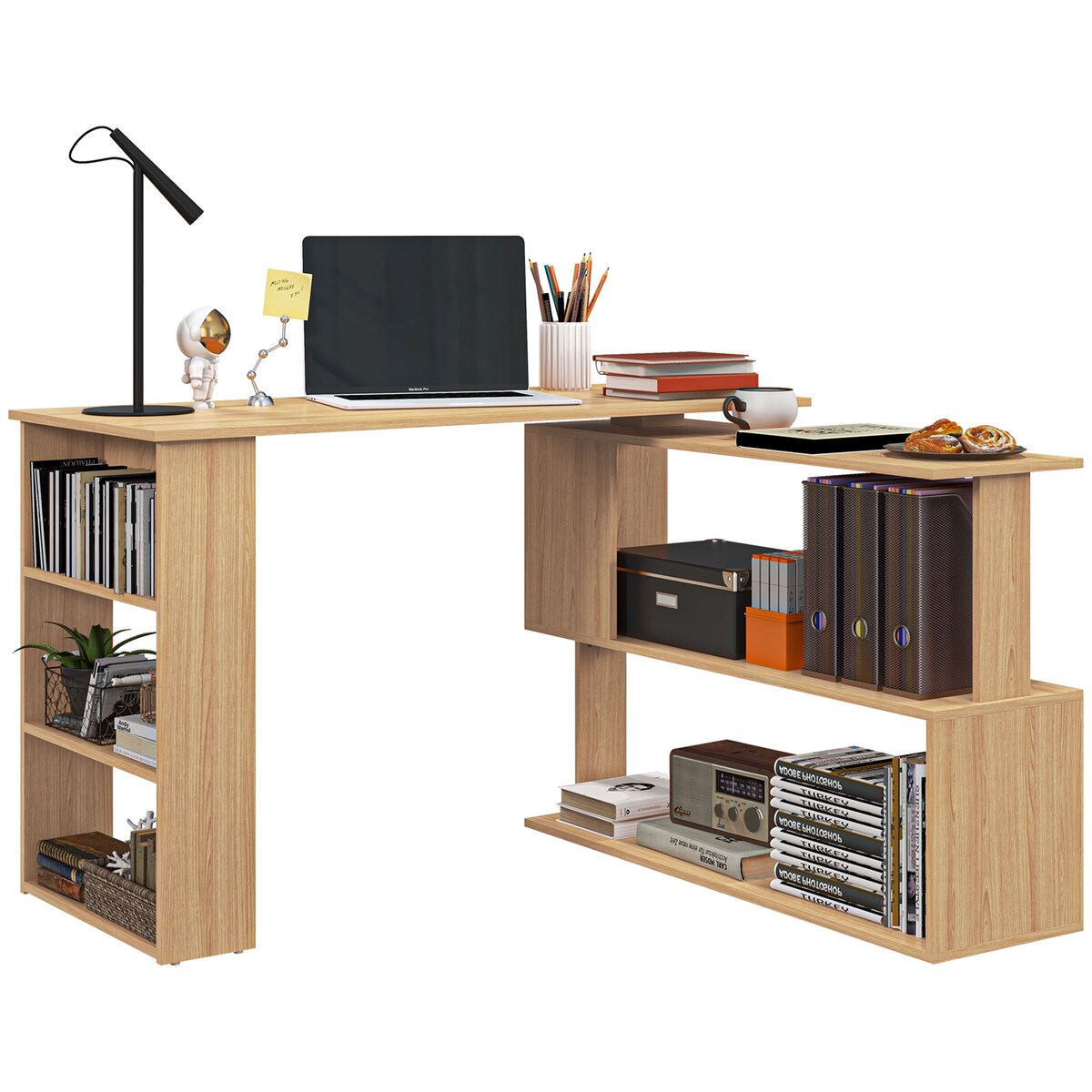 L-Shaped Corner 360 Degree Rotating Desk with Storage Shelves