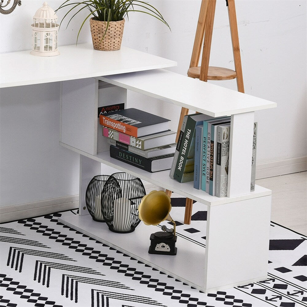 L Shaped Corner Desk,360 Degree Rotating Home Office Desk w/Shelves