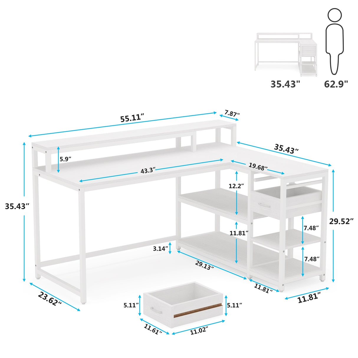 L Shaped Desk with Drawer, Home Office Corner Desk with Storage Shelves and Monitor Stand, Rustic PC Desk for Small Space