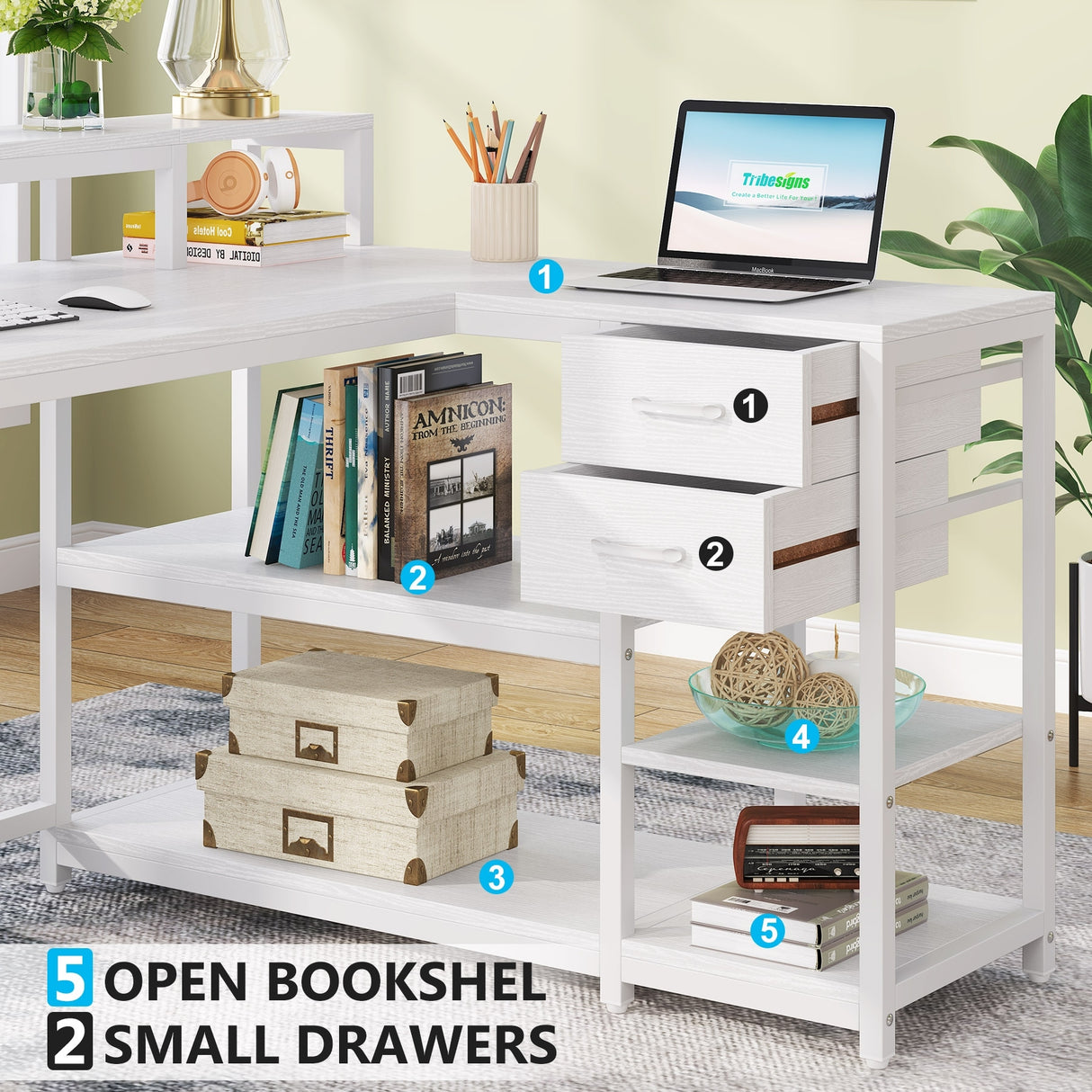 L Shaped Desk with Drawer, Home Office Corner Desk with Storage Shelves and Monitor Stand, Rustic PC Desk for Small Space