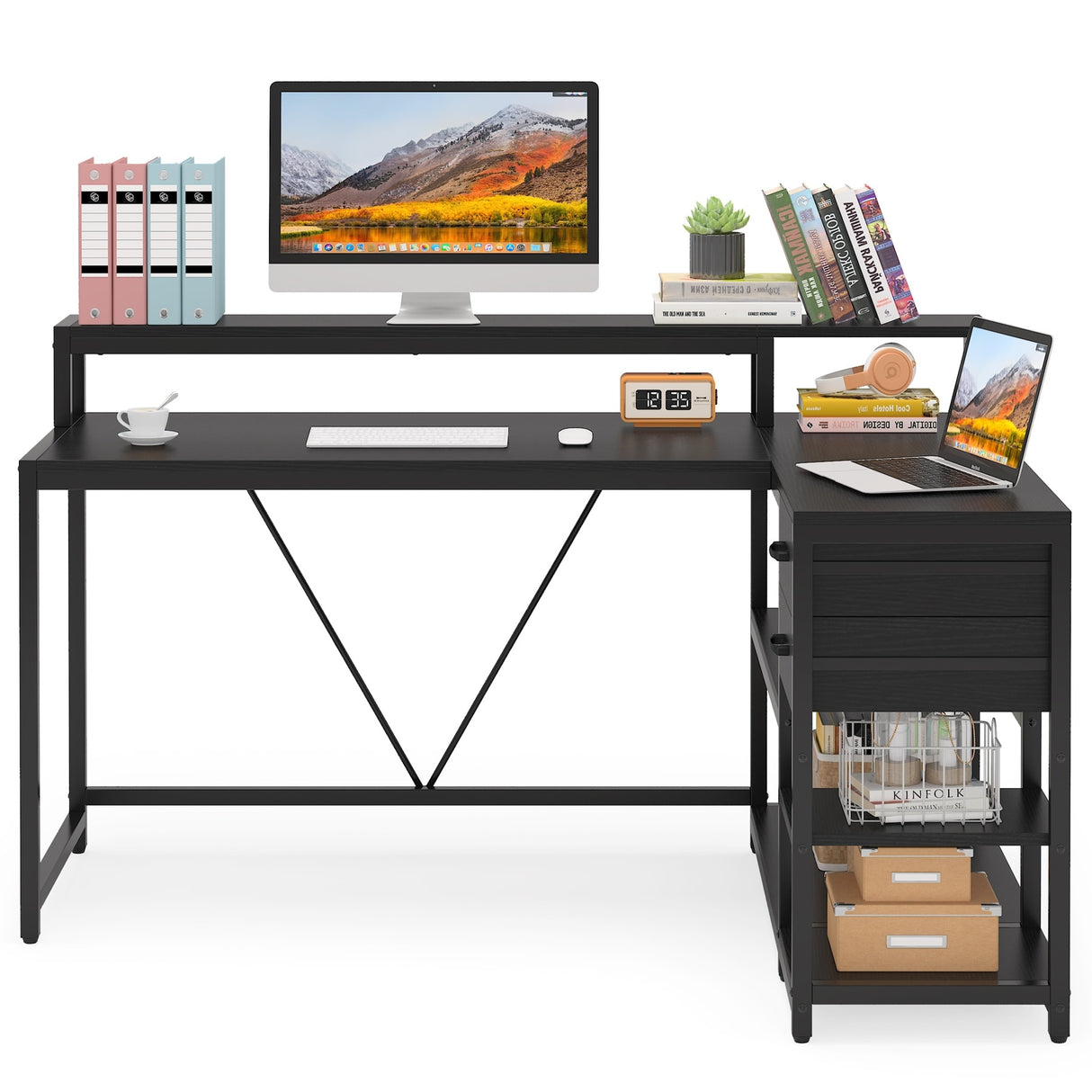 L Shaped Desk with Drawer, Home Office Corner Desk with Storage Shelves and Monitor Stand, Rustic PC Desk for Small Space