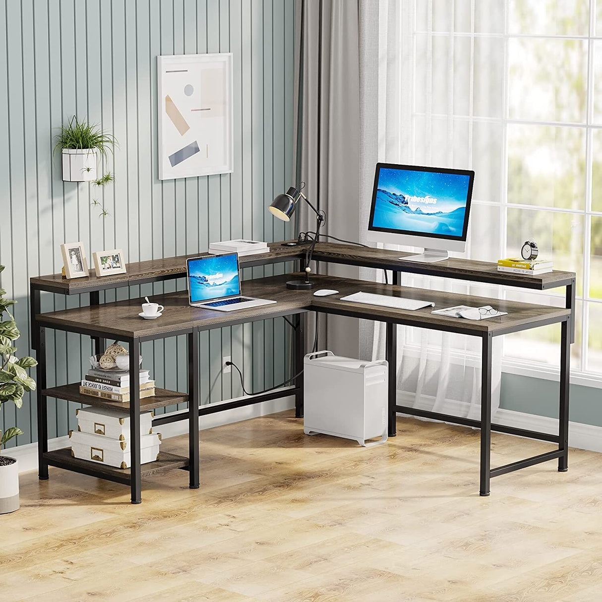 L Shaped Desk with Monitor Shelf & Power Outlets, Office Desk with Storage Shelves, Brown