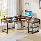 L Shaped Desk with Monitor Shelf & Power Outlets, Office Desk with Storage Shelves, Brown