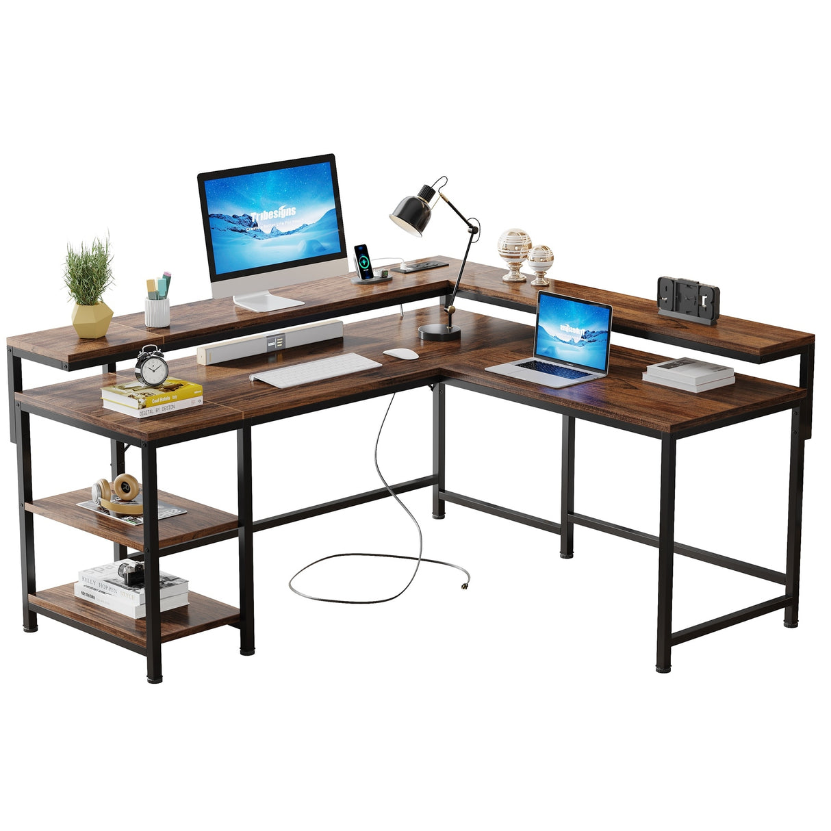 L Shaped Desk with Monitor Shelf & Power Outlets, Office Desk with Storage Shelves, Brown