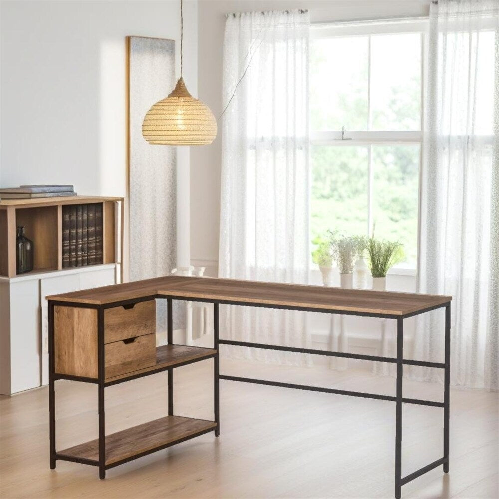 L-Shaped Home Offie Computer Desk with Storage Shelves and Steel Frame