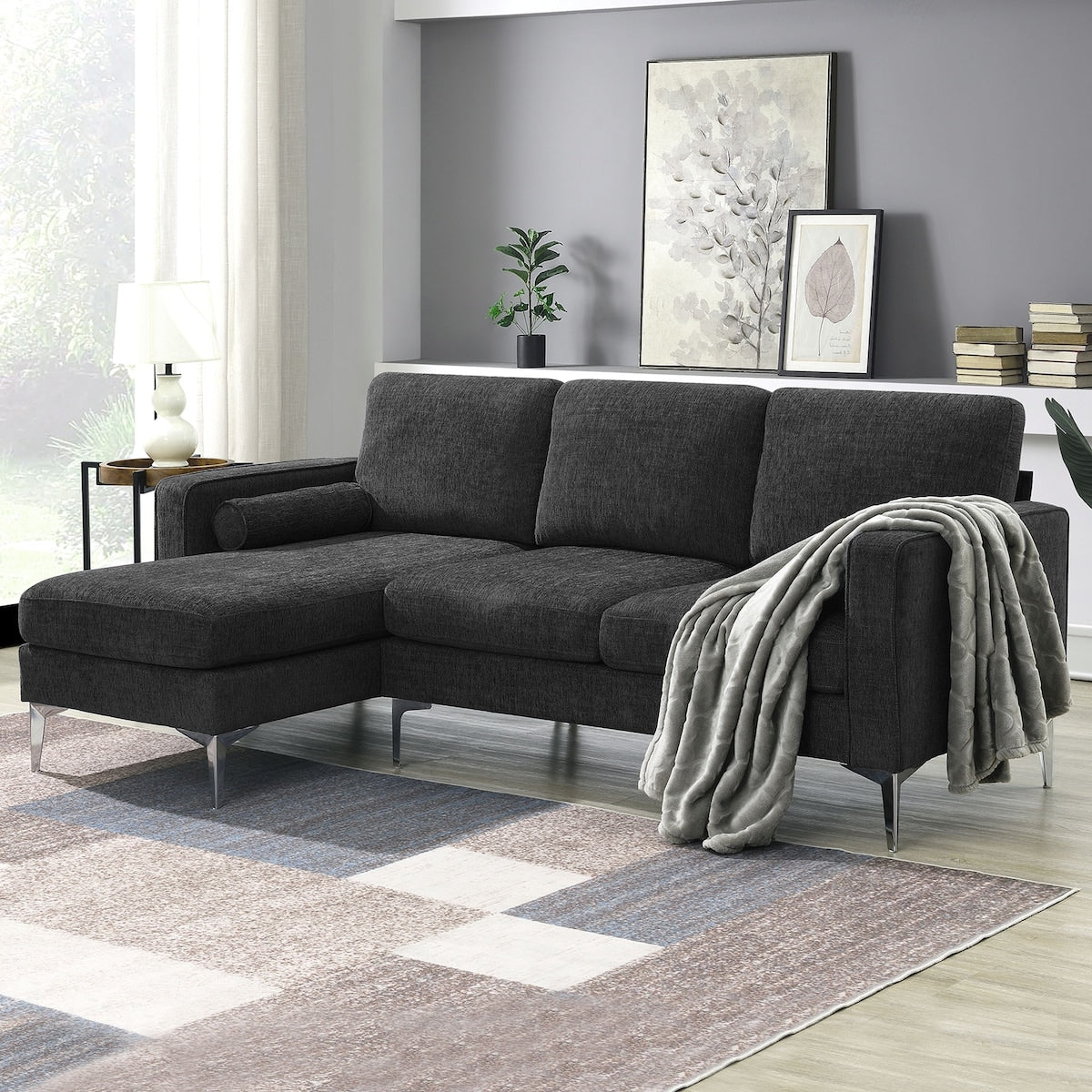 L-Shaped Modern Convertible 3-Seat Sectional Sofa Set with 2 Pillows