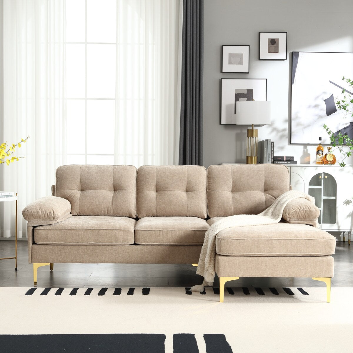 L-Shaped Sectional Sofa Couch with Upholstery Seat and Soft Cushions