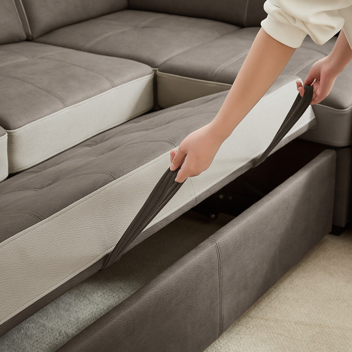 L Shaped Sectional Sofa with Pull Out Bed and Storage Compartment