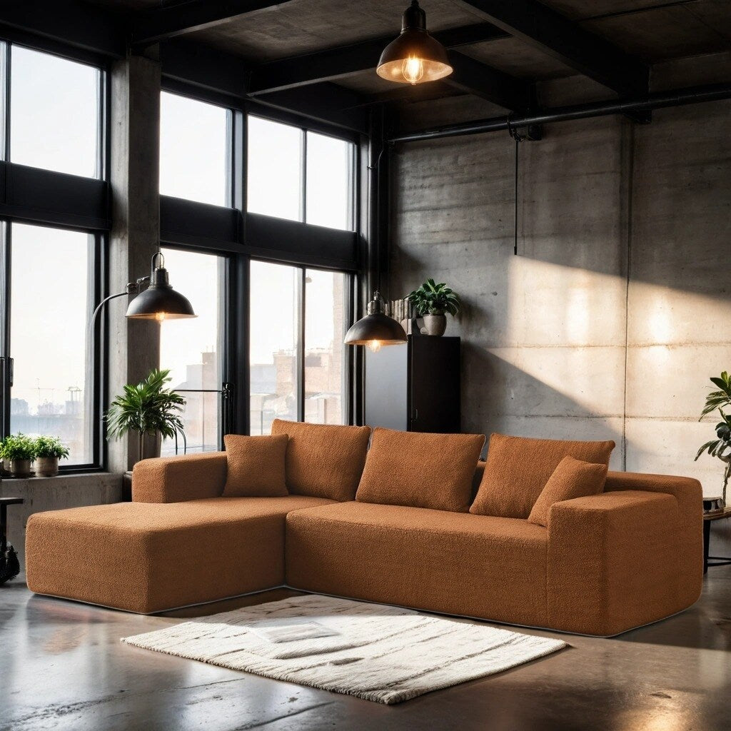 L-Shaped Sherpa Modular Sectional Sofa Couch with Chaise Lounge, Orang