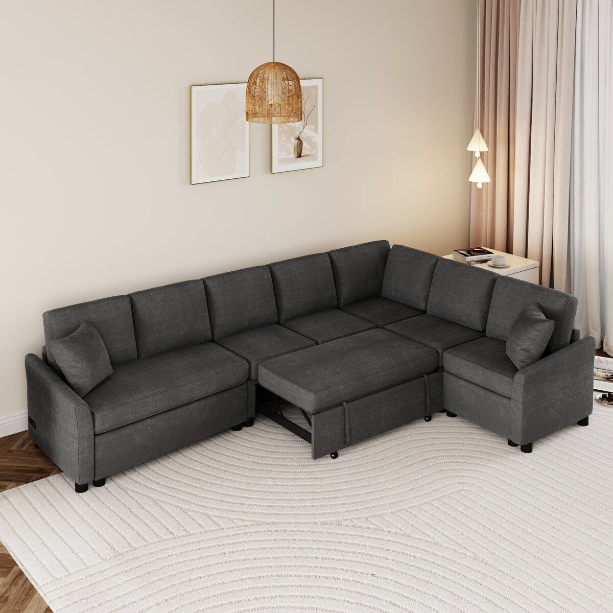 L-Shaped Sleeper Pull Out Sofa with 2 Pillows, 2 USB Ports and 2 Power Sockets