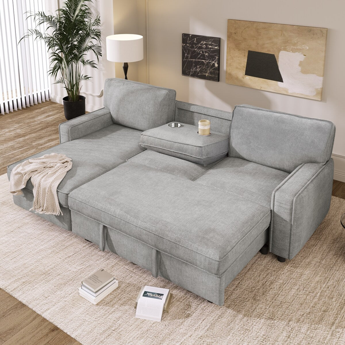 L-Shaped Sleeper Sectional Sofa Pull-Out Upholstered Sofa Bed with Sto