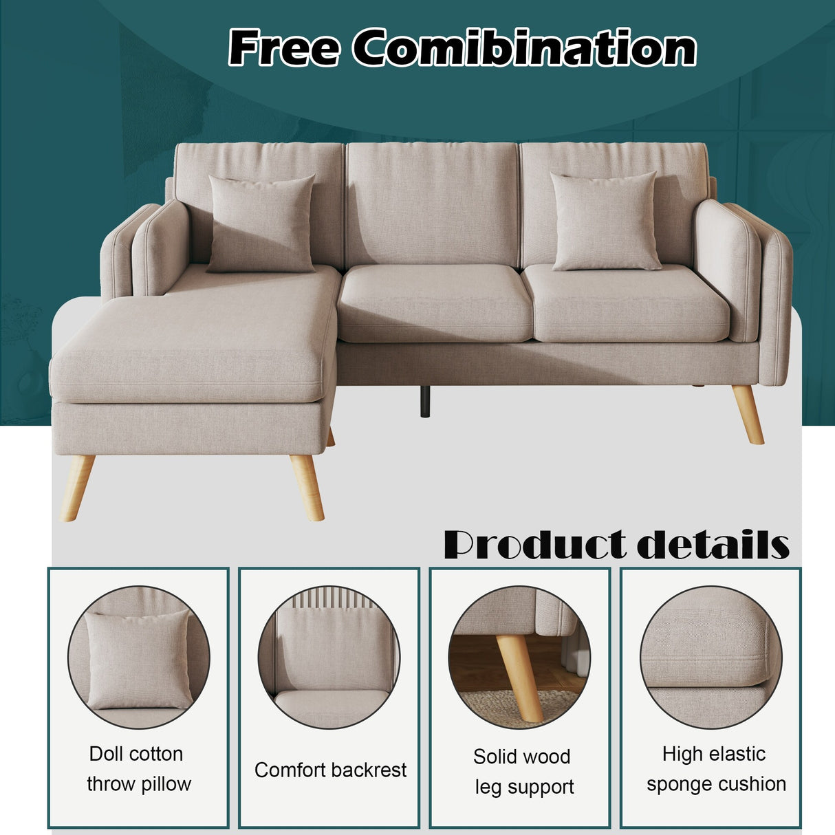 Interchangeable L-Shaped Sofa with Footrests and Double Armrests - 58.30 x 84.60 x 34.60
