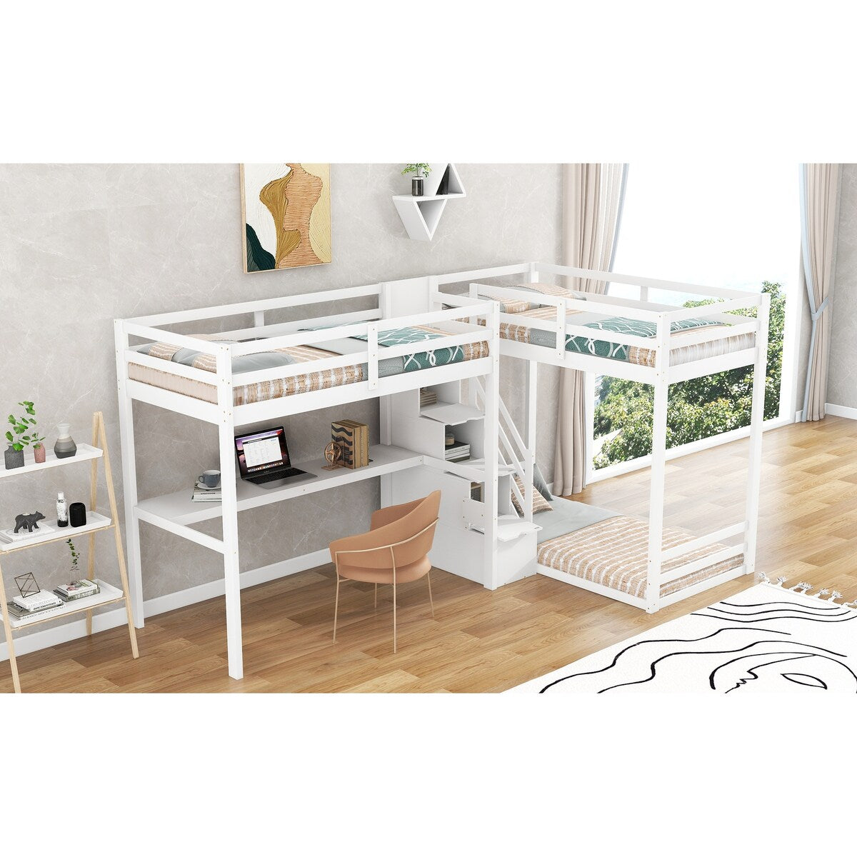 L-Shaped Twin Size Bunk Bed and Loft Bed with Desk