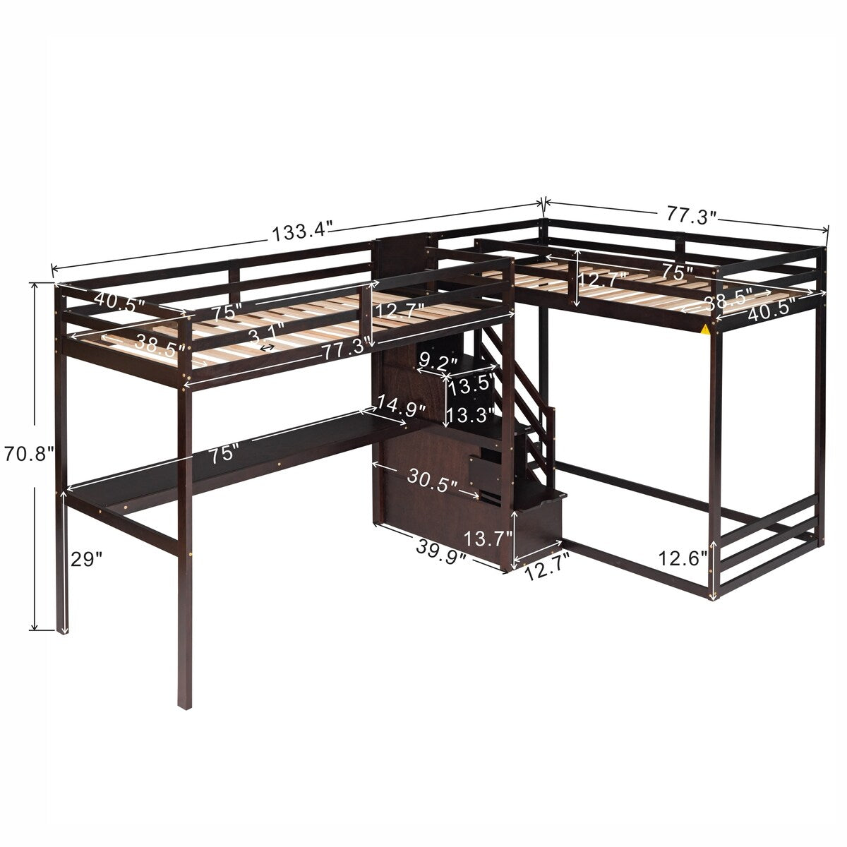 L-Shaped Twin Size Bunk Bed and Loft Bed with Desk