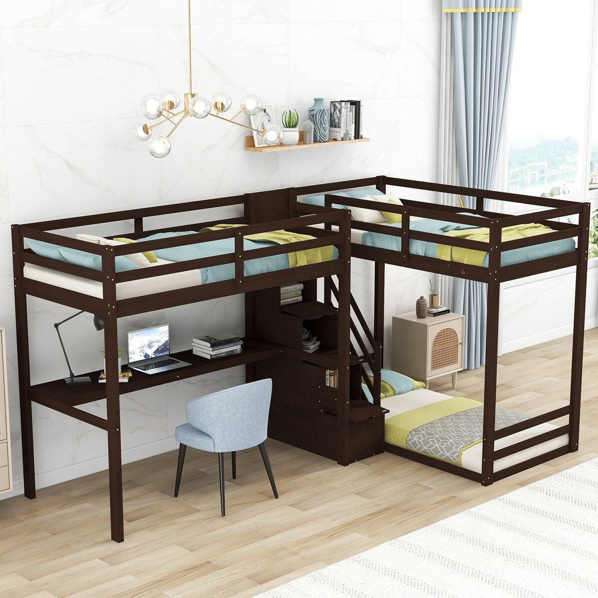 L-Shaped Twin Size Bunk Bed and Loft Bed with Desk