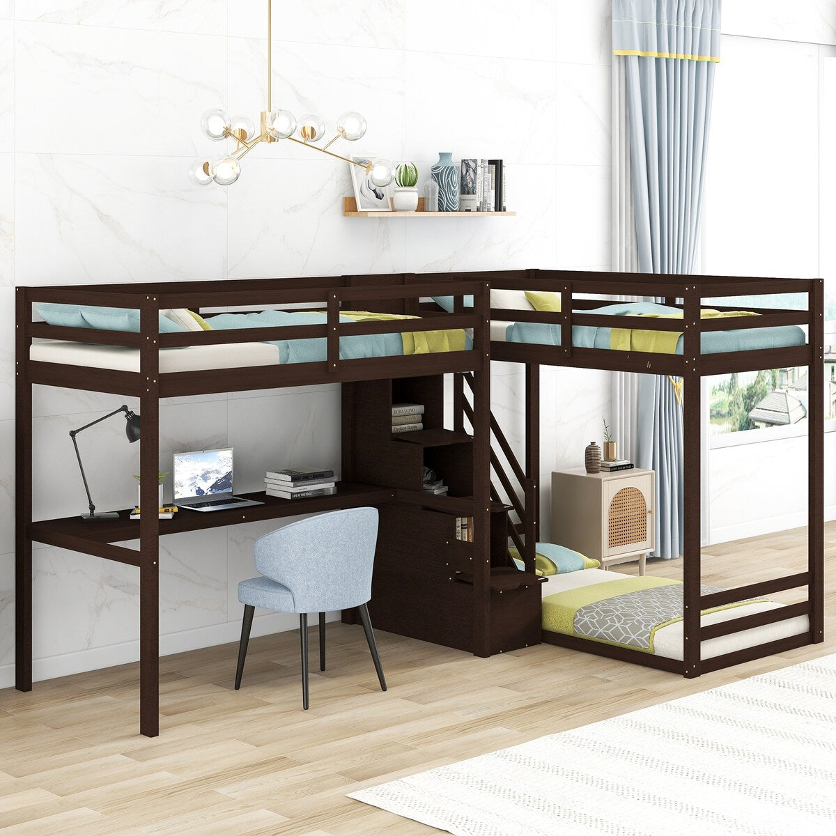 L-Shaped Twin Size Bunk Bed and Loft Bed with Desk