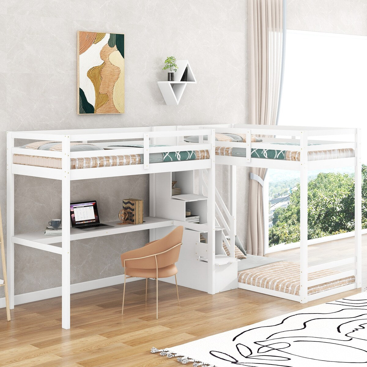 L-Shaped Twin Size Bunk Bed and Loft Bed with Desk
