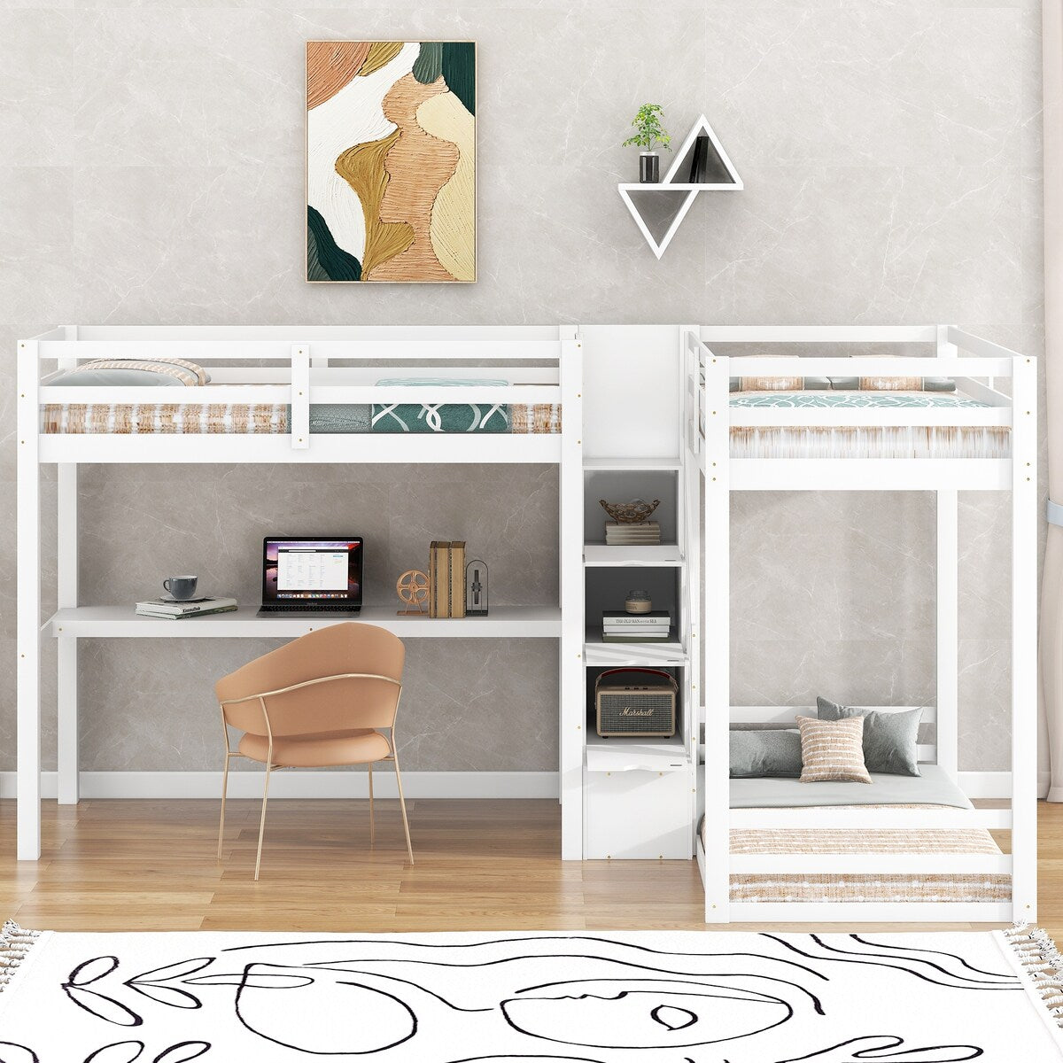L-Shaped Twin Size Bunk Bed and Loft Bed with Desk