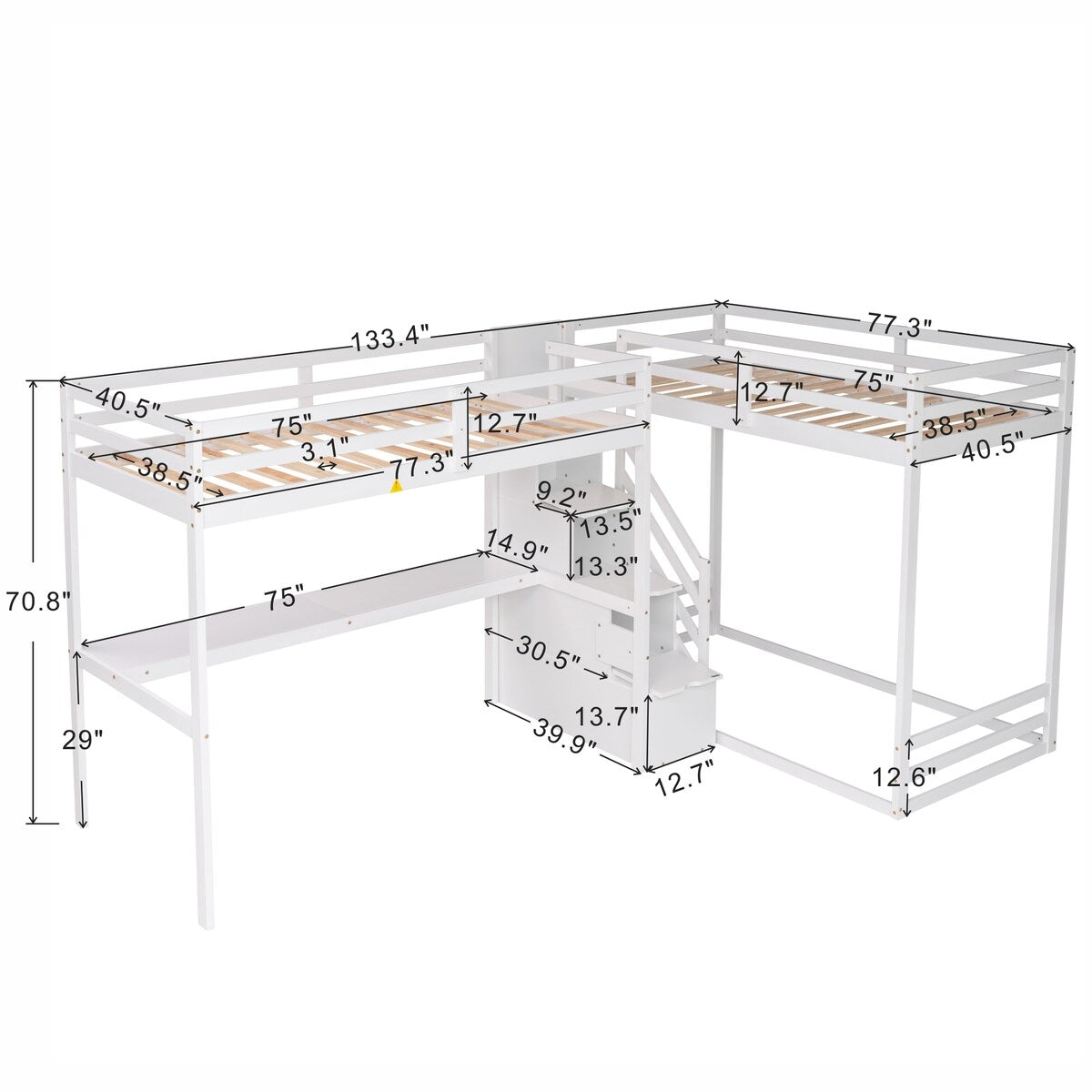 L-Shaped Twin Size Bunk Bed and Loft Bed with Desk