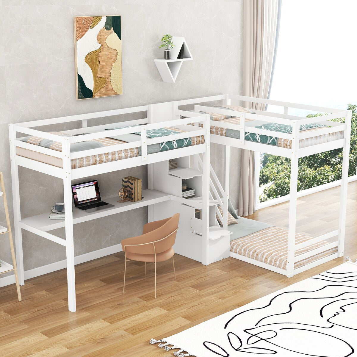 L-Shaped Twin Size Bunk Bed and Loft Bed with Desk