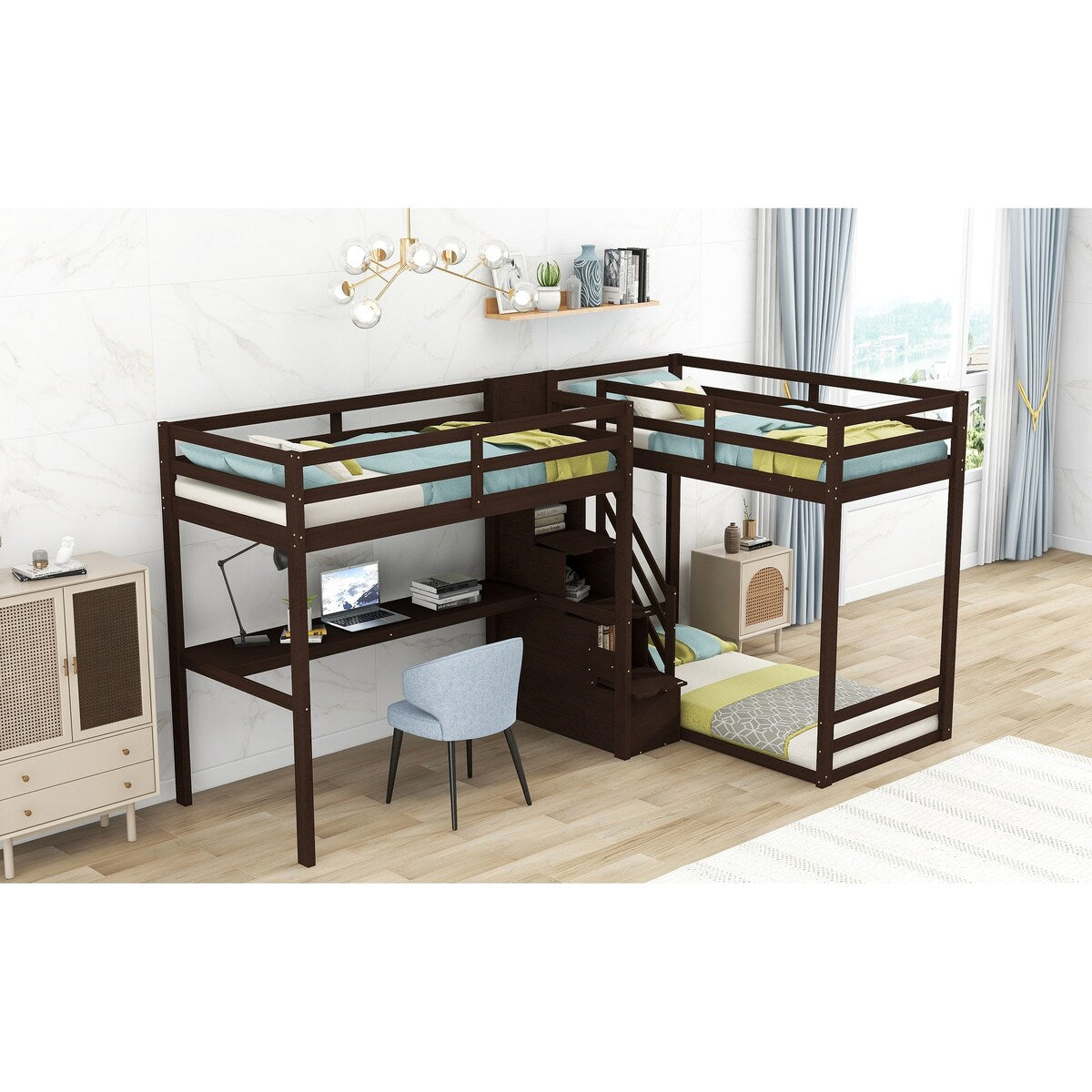 L-Shaped Twin Size Bunk Bed and Loft Bed with Desk