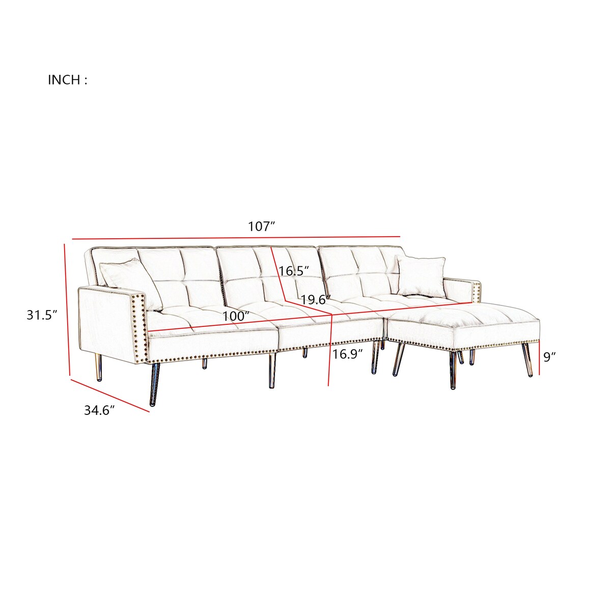 L-Shaped Velvet Upholstered Sofa Reversible Livingroom Sectional Sofa Set Tufted Cushion Sleeper Sofa Bed with Movable Ottoman