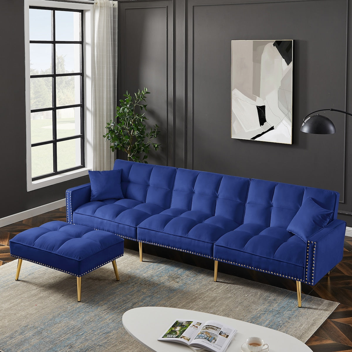L-Shaped Velvet Upholstered Sofa Reversible Livingroom Sectional Sofa Set Tufted Cushion Sleeper Sofa Bed with Movable Ottoman