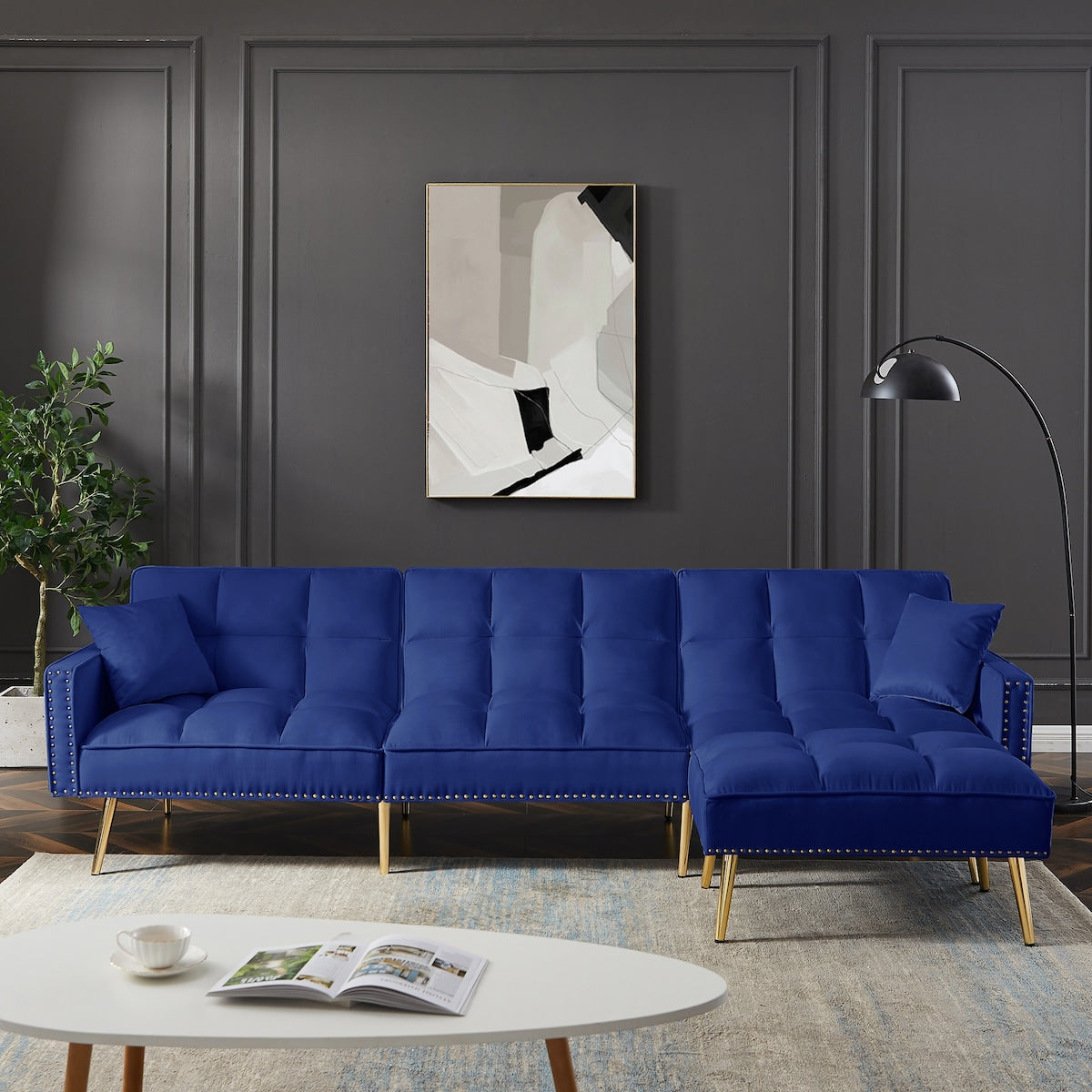 L-Shaped Velvet Upholstered Sofa Reversible Livingroom Sectional Sofa Set Tufted Cushion Sleeper Sofa Bed with Movable Ottoman