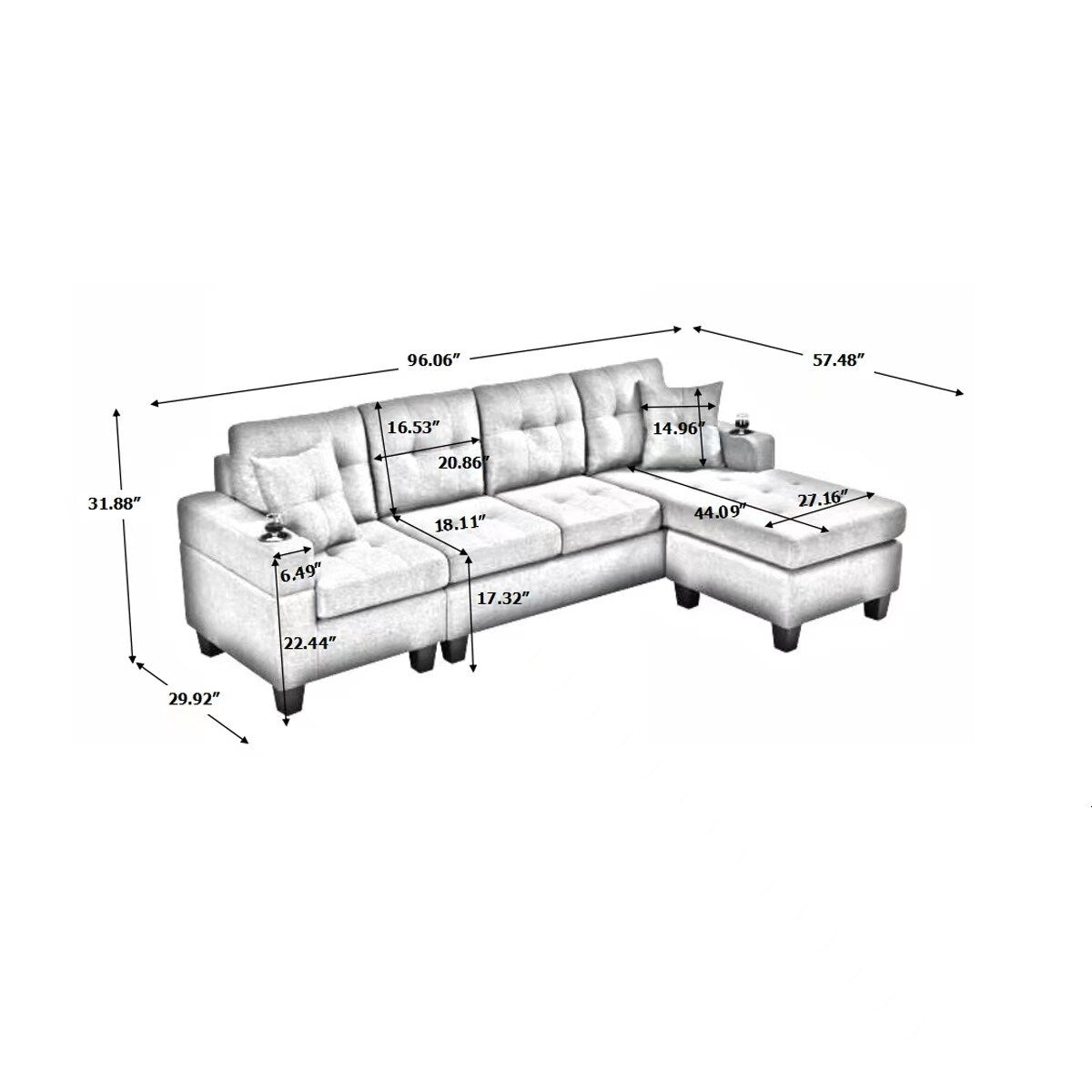 L-shape 96" Sectional Sofa Convertible Corner Sofa Couch Chaise