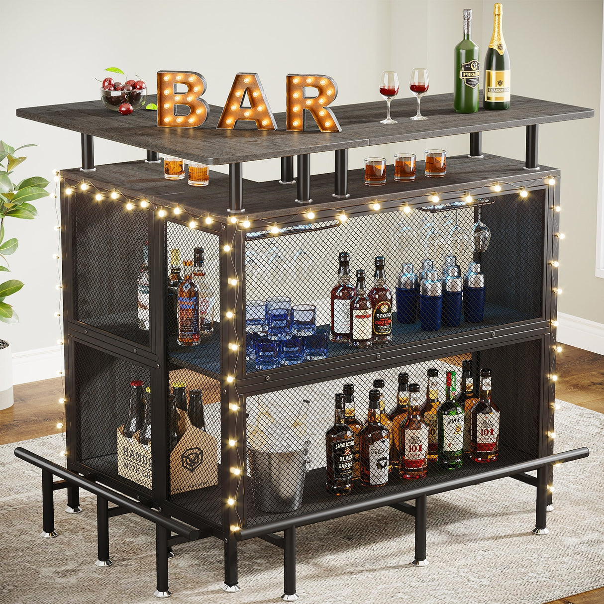 L-shape Home Bar Unit, Liquor Bar Table with 2-Tier Storage - N/A