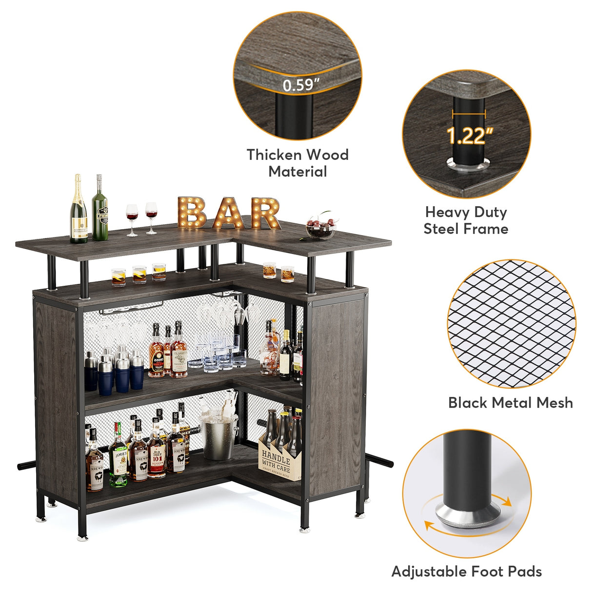 L-shape Home Bar Unit, Liquor Bar Table with 2-Tier Storage - N/A