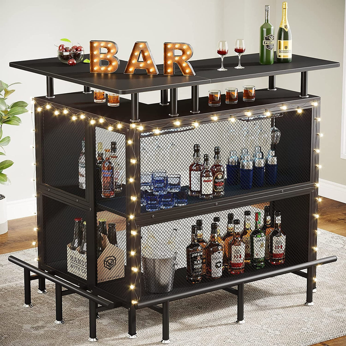 L-shape Home Bar Unit, Liquor Bar Table with 2-Tier Storage - N/A