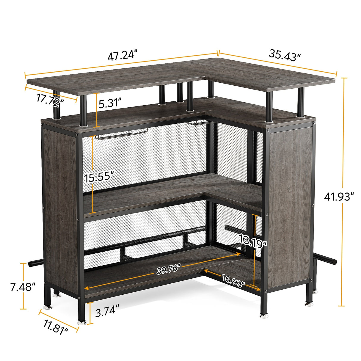 L-shape Home Bar Unit, Liquor Bar Table with 2-Tier Storage - N/A