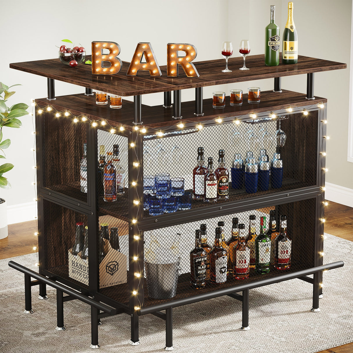 L-shape Home Bar Unit, Liquor Bar Table with 2-Tier Storage - N/A