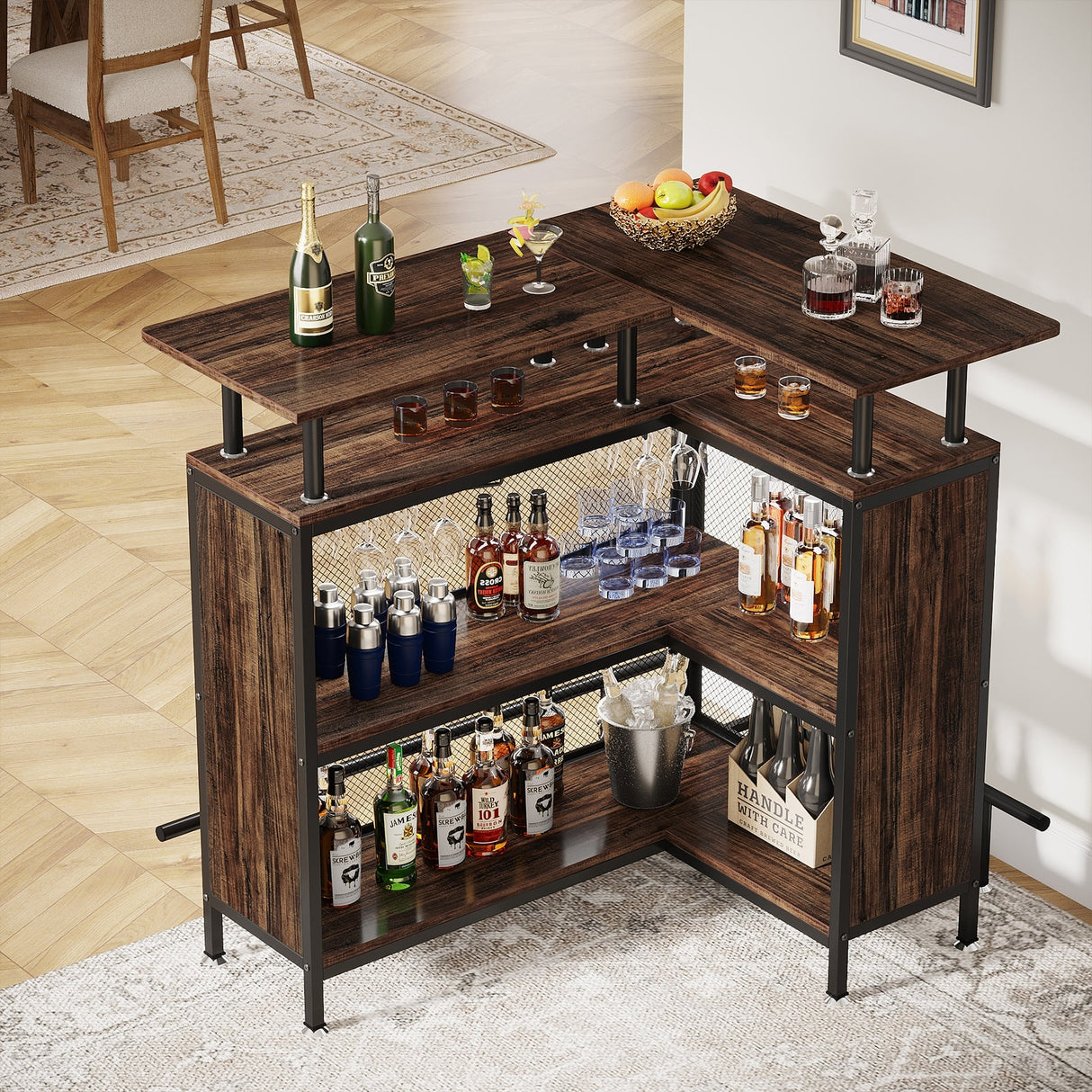 L-shape Home Bar Unit, Liquor Bar Table with 2-Tier Storage - N/A
