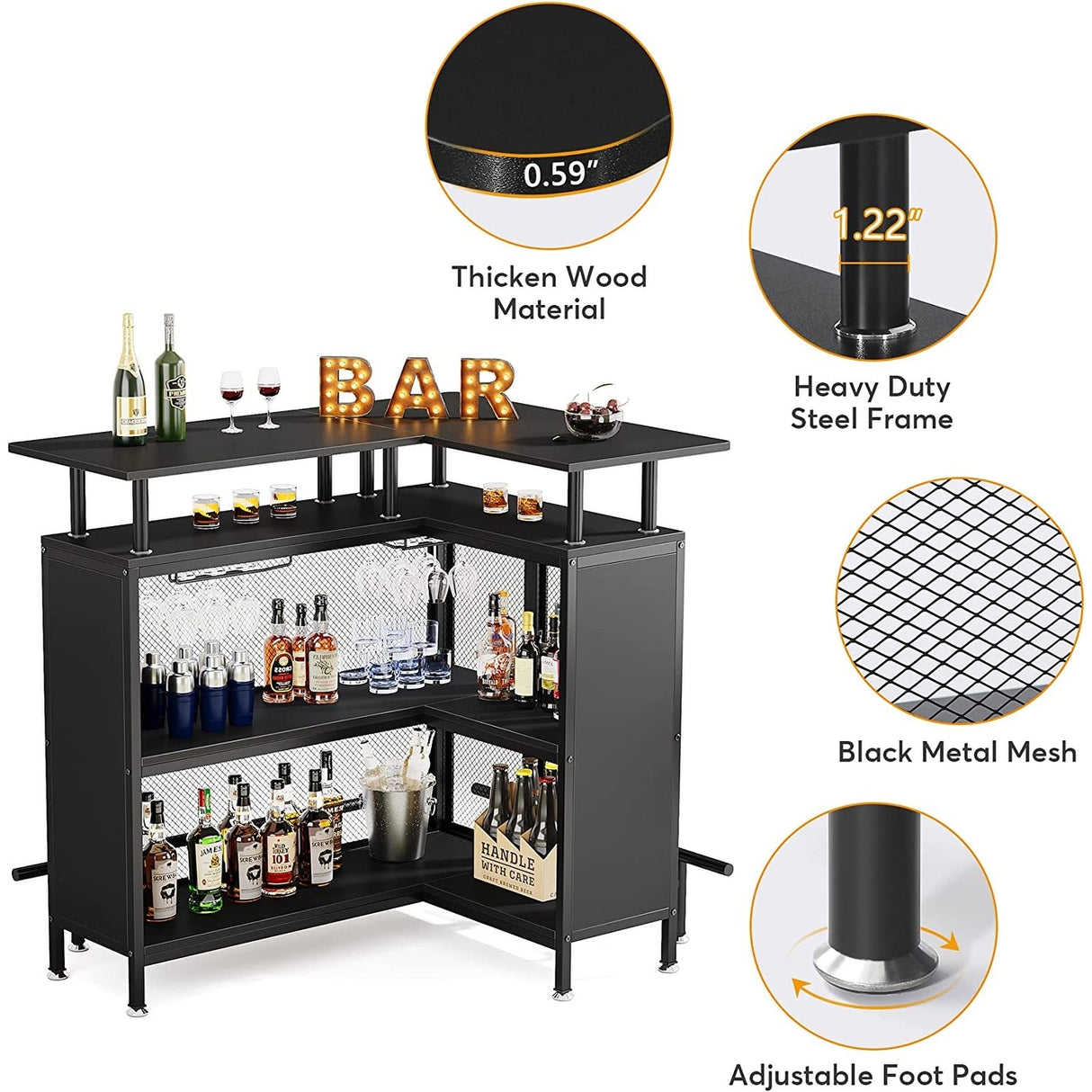 L-shape Home Bar Unit, Liquor Bar Table with 2-Tier Storage - N/A