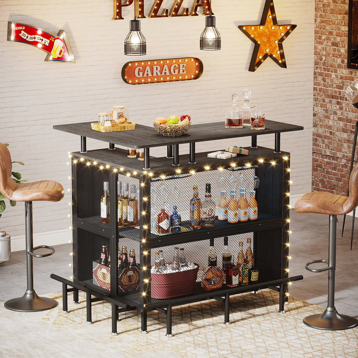 L-shape Home Bar Unit, Liquor Bar Table with 2-Tier Storage - N/A