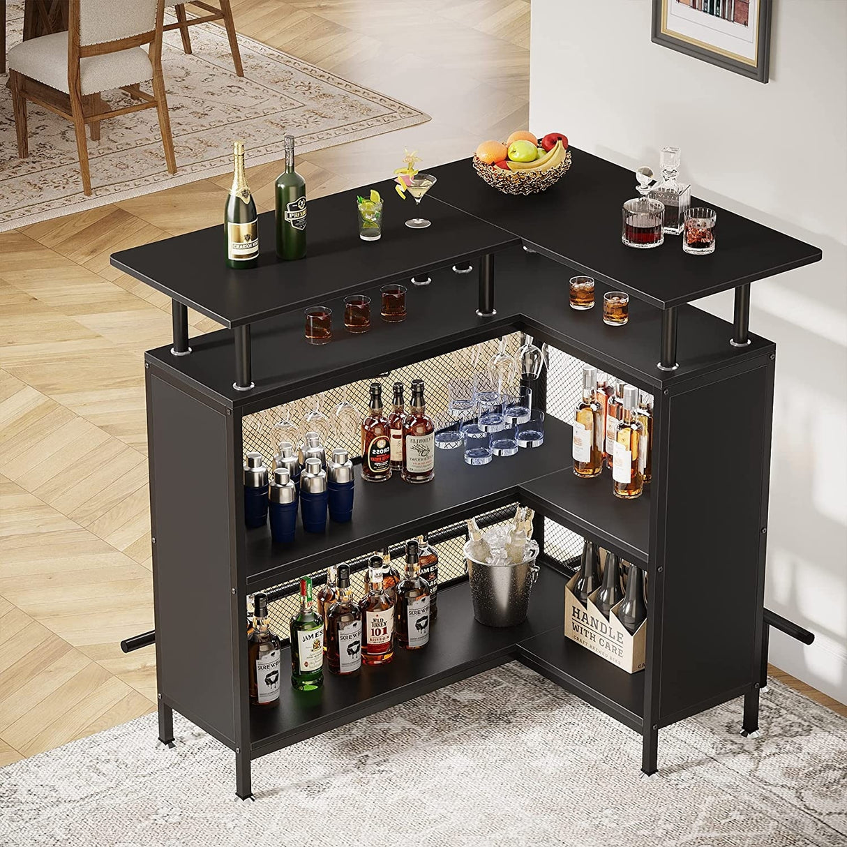 L-shape Home Bar Unit, Liquor Bar Table with 2-Tier Storage - N/A