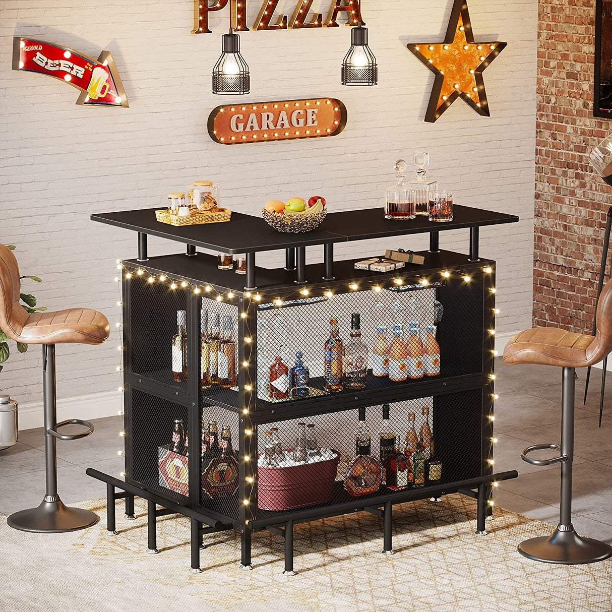 L-shape Home Bar Unit, Liquor Bar Table with 2-Tier Storage - N/A