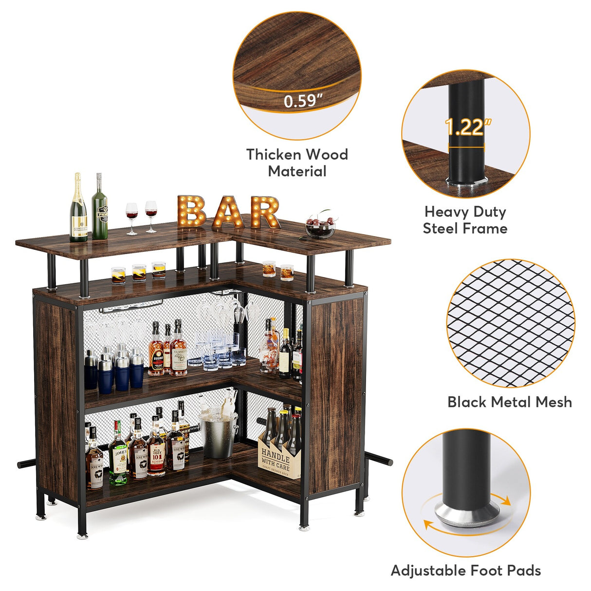 L-shape Home Bar Unit, Liquor Bar Table with 2-Tier Storage - N/A